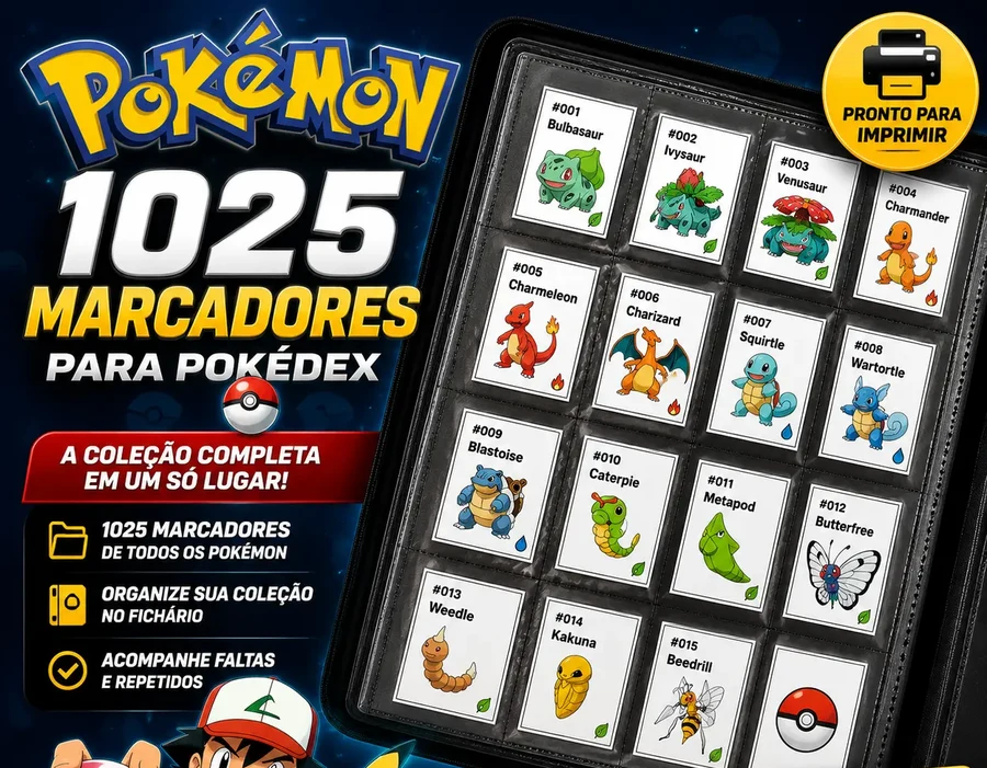 Pokédex — 1.025 marcadores para fichário, do Bulbasaur ao último Pokémon